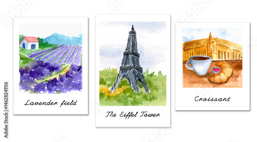 Photos watercolor illustration of polaroid framed france photos, three places eiffel to