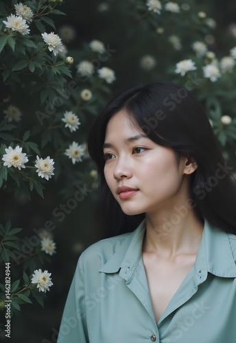 Serene Woman Amidst Blooming White Flowers