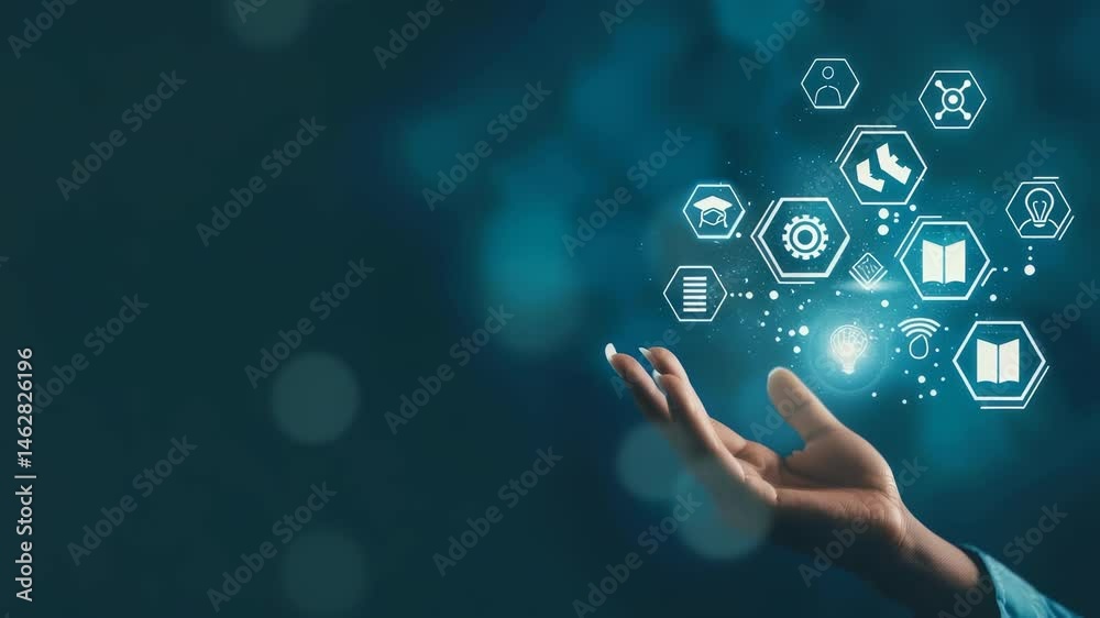 A hand presents education and knowledge-based icons floating above it on a blue background. This symbolizes digital learning, online resources, and innovation in modern education. A hand presents education and knowledge-based icons floating above it on a blue background. This symbolizes digital learning, online resources, and innovation in modern education.
