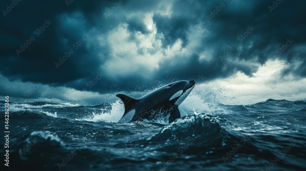 Fototapeta premium Orca leaping, stormy ocean, dramatic sky, wildlife