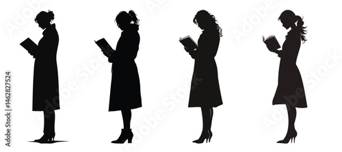 Elegant Women Silhouettes Reading Books Design Element