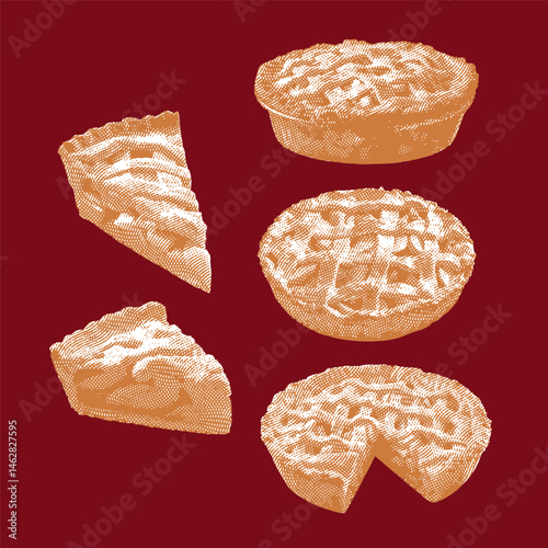 Apple pie, apple pie vector, apple pie illustration, line drawing on red background.