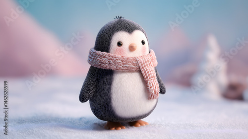Charming penguin figure with a knitted pink scarf stands in a snowy pastel landscape with soft focus background, radiating warmth and friendliness.