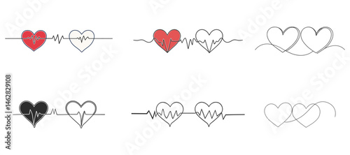 Elegant Heartbeat Line Art Design Set Red Black White Hearts Love Medical Health