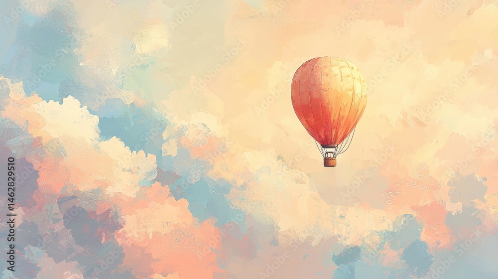 Obraz premium A painting of a hot air balloon in the sky with a blue and pink background