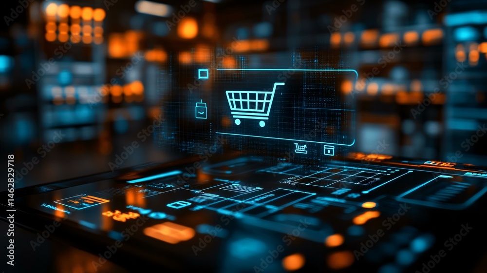Executive reviewing ecommerce dashboard on a tablet with a translucent 3D shopping cart hologram hovering above real time revenue charts and consumer behavior insights in a dimly lit office