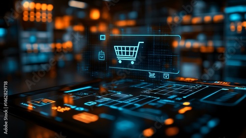 Obraz na płótnie Executive reviewing ecommerce dashboard on a tablet with a translucent 3D shopping cart hologram hovering above real time revenue charts and consumer behavior insights in a dimly lit office w salonie