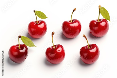 A close up of six red cherries with green leaves isolated on white background