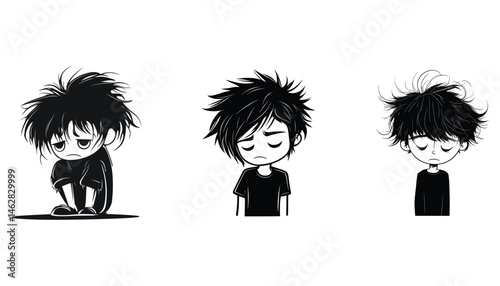 Sad Boy Cartoon Characters Illustration Set Depicting Various Moods and Hair Styles