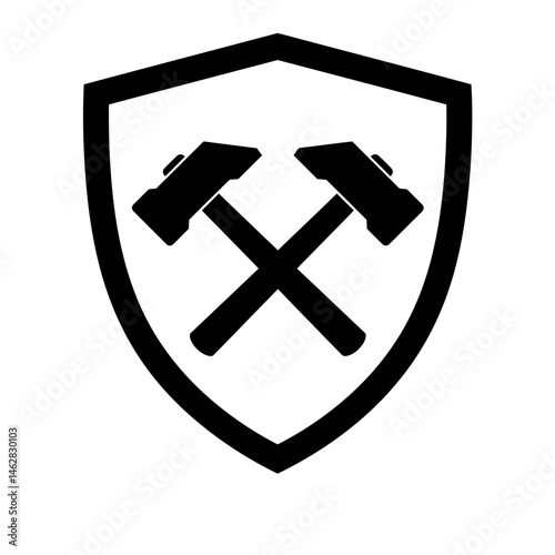 A striking black and white image of the West Ham United crest. Two crossed hammers are prominently displayed inside a bold shield, symbolizing the clubs heritage and strength. This iconic emblem is a 