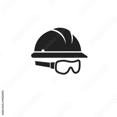 A simple yet powerful icon depicting a hard hat and safety goggles, symbolizing construction safety, worker protection, and workplace safety regulations. Black and white vector graphic design.