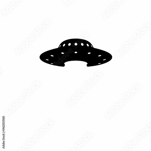 A mysterious black UFO silhouette against a stark white background. Simple, vector design evokes feelings of intrigue and the unknown. Perfect for science fiction themes.
