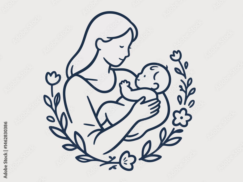 Obraz premium Beautiful Mother Cradling Baby in Floral Wreath – Serene vector Illustration of Maternal Love and Peaceful Bonding