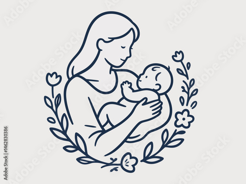 Beautiful Mother Cradling Baby in Floral Wreath – Serene vector Illustration of Maternal Love and Peaceful Bonding