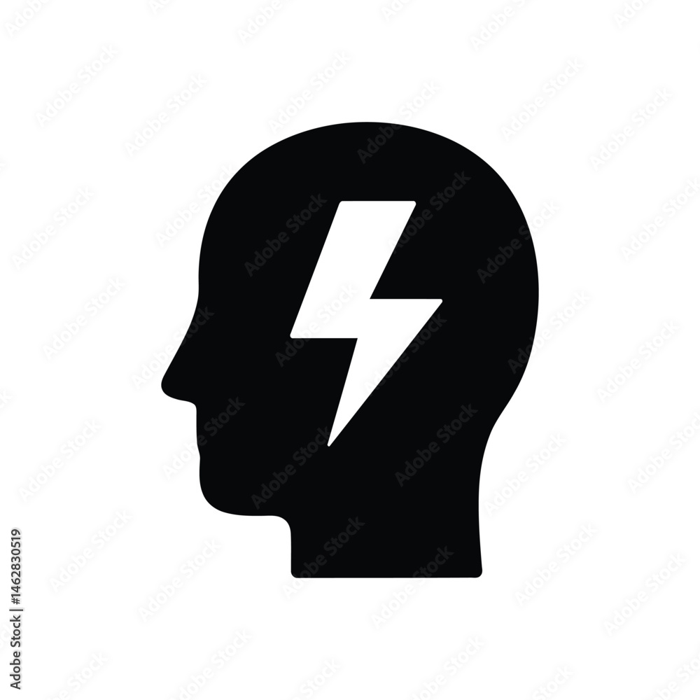 A white electric mark symbol near a head silhouette suggests a thinking mind with a question concept A white electric mark symbol near a head silhouette suggests a thinking mind with a question concept