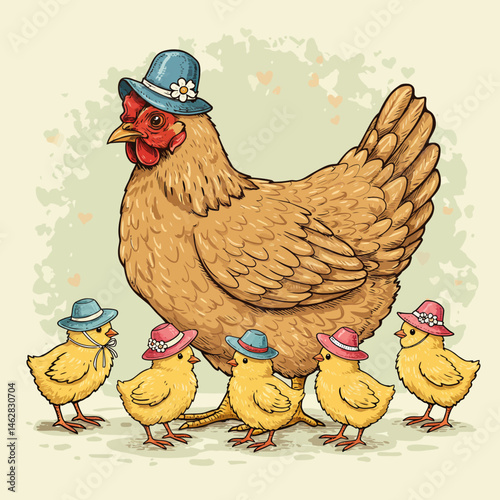 A heartwarming illustration of a mother hen and her adorable chicks, all wearing charming little hats. Pastel colors, vintage style artwork, perfect for spring. Sweet family scene.