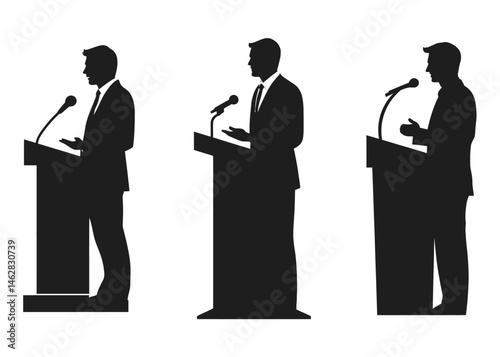 Three Businessmen Giving Speeches at Podiums Public Speaking Presentation Illustration