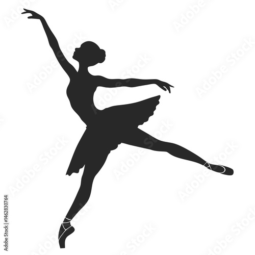 A black vector illustration shows a silhouette of a jumping woman ballet dancer, a ballerina in action, embodying sport and dance