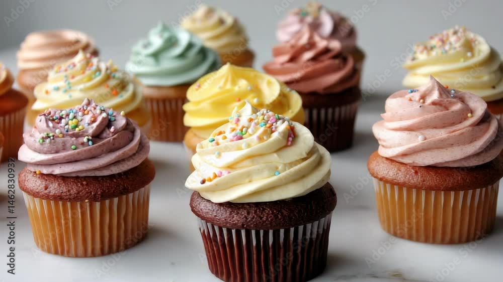 Beautiful arrangement of cupcakes in different pastel colors with icing and sprinkle toppings for dessert, bakery, and party themes
