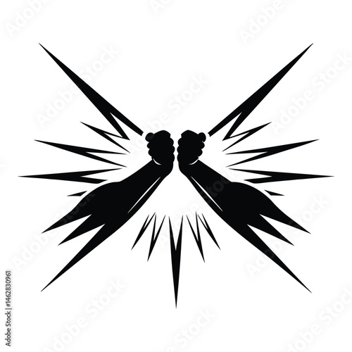 Two powerful fists clash, generating explosive energy. A striking black and white graphic symbolizes strength, unity, and electric power. Bold, impactful design.