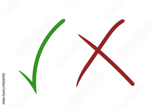 Tic verde o aspa roja hecho de trazo de pincel