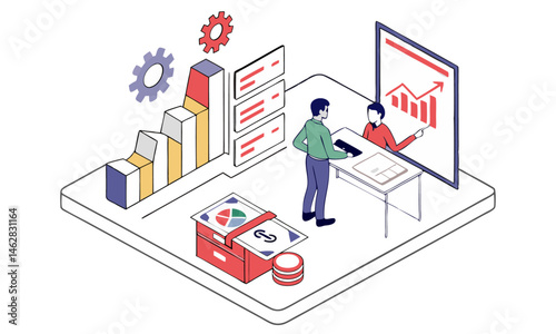3d isometric office scene, abstract geometric shapes, infographic, virtual reality, technology, modern interior, data visualization, data analytics, business analytics, statistics, charts, graphs, col