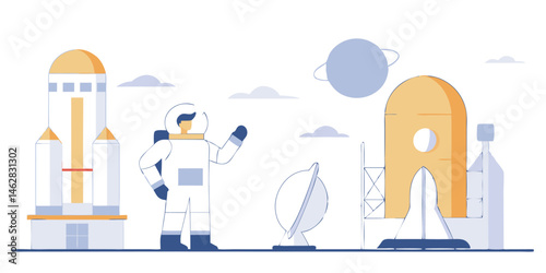 rocket, futuristic city, astronaut, spacesuit, satellite, stars, moon, retro sci-fi, flat design, minimalist
