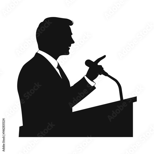 Silhouette of a speaker giving a speech at a podium with a microphone, perfect for presentations and public speaking.