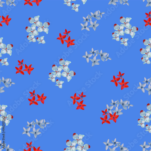 Beautiful vector blue rustic seamless pattern with small blue and red flowers