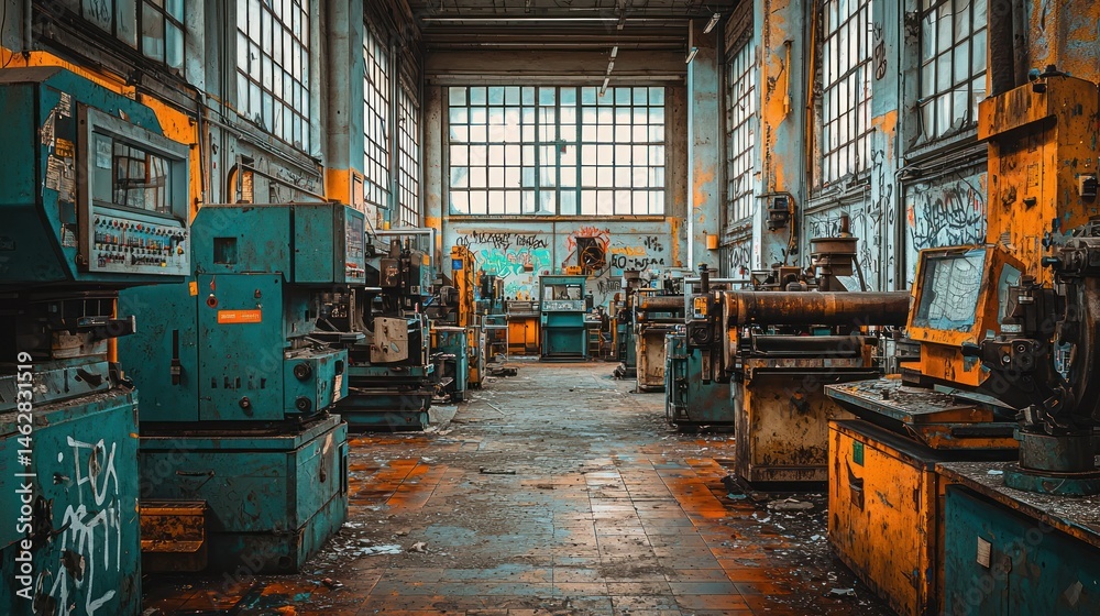 Fototapeta premium Abandoned factory interior with rusting machinery