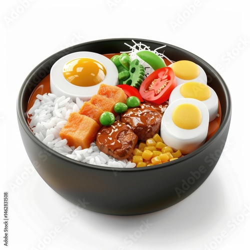 Colorful bowl of rice, vegetables, and protein. photo