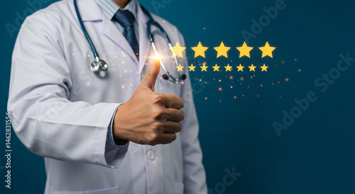 Doctor giving thumbs up with five star rating on a blue background in a studio setting view  real estate business ,technology ,selling ,purchasing ,agreement