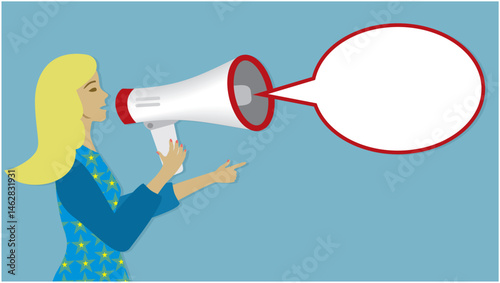 Woman shouting out her message with megaphone. Vector illustration.