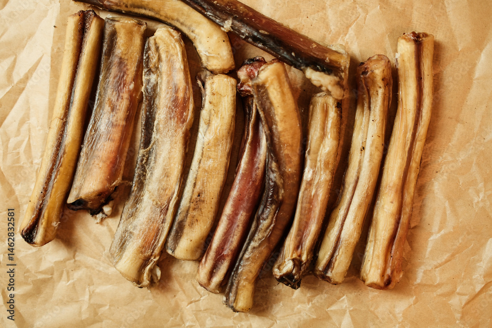 Natural dried bull pizzles - beef sticks - for dogs, arranged on kraft paper. Single-ingredient, protein-rich, long-lasting chew treats for healthy pet nutrition and dental care. Natural dried bull pizzles - beef sticks - for dogs, arranged on kraft paper. Single-ingredient, protein-rich, long-lasting chew treats for healthy pet nutrition and dental care.