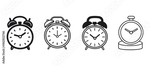 Classic Alarm Clock Icons Time Management Design Elements Simple Line Art