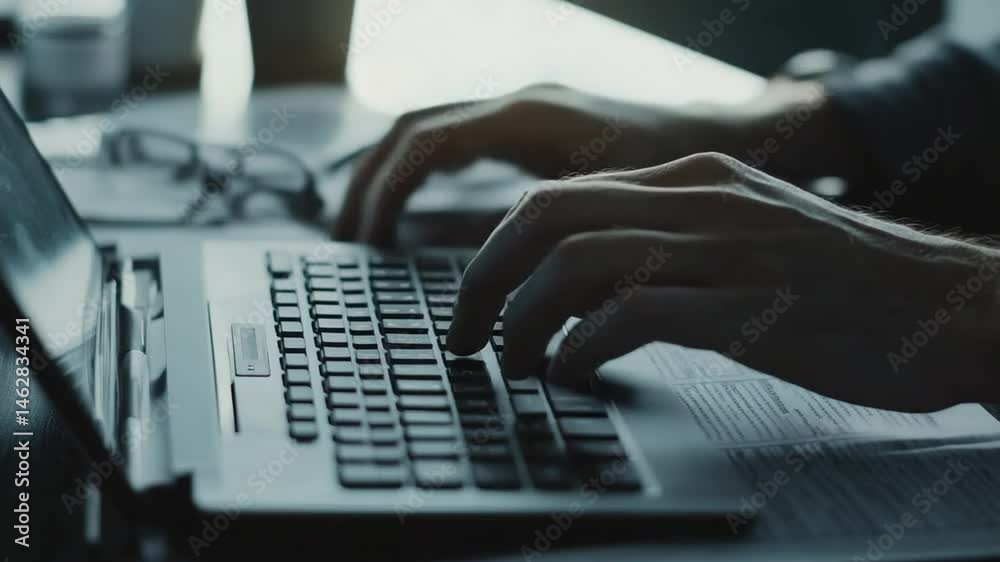 Close-up of focused hands typing on laptop keyboard during late-night work session Close-up of focused hands typing on laptop keyboard during late-night work session