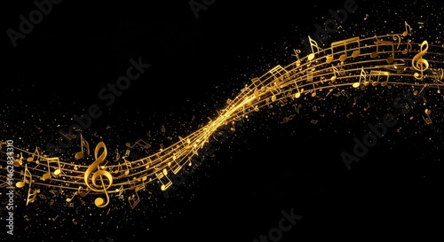 Golden Music Notes Flowing - Abstract of gold music notes flowing gracefully across a black background, symbolizing melody, harmony, rhythm, creativity, and passion