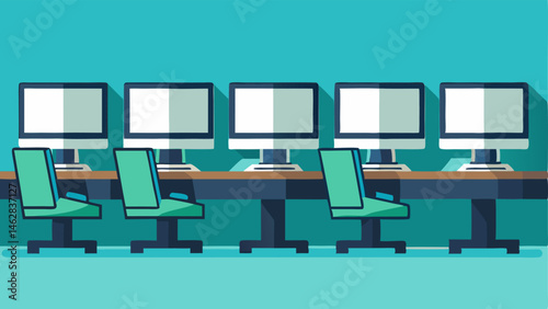 A row of hightech computers with multiple monitors each desk neatly organized with minimalistic decor.
