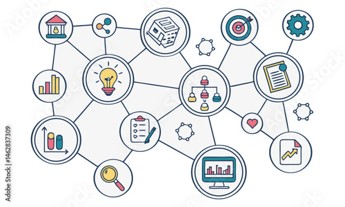 a network of connected conceptual icons, relating to business, technology, innovation, and problem-solving, in a hexagonal pattern with a light blue and white color scheme, digital illustration, minim