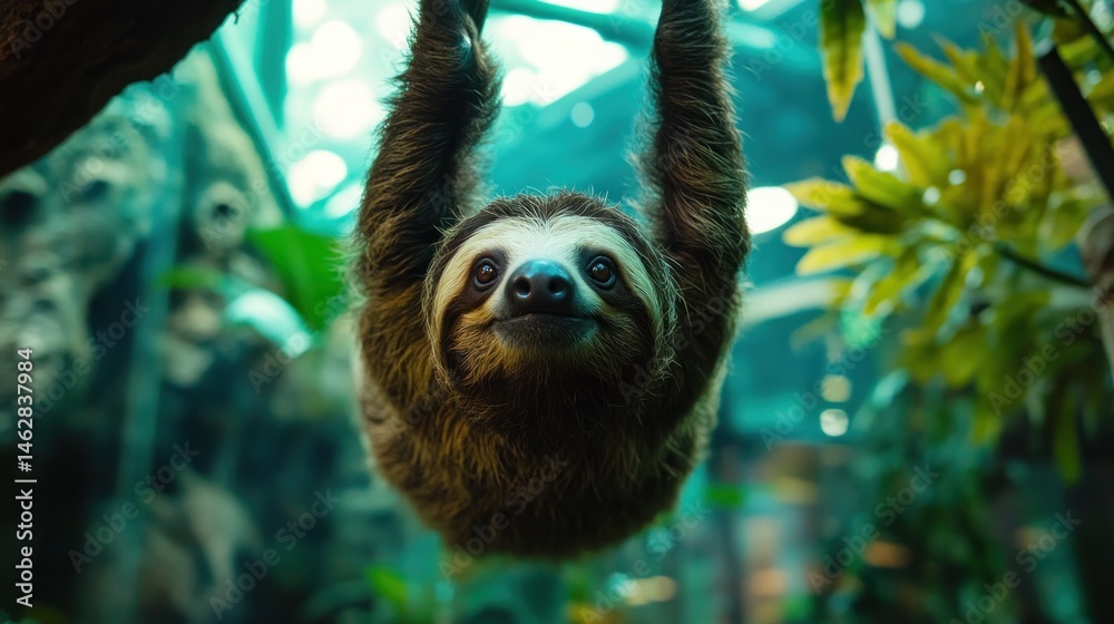 Fototapeta premium Sloth hanging upside down, rainforest exhibit