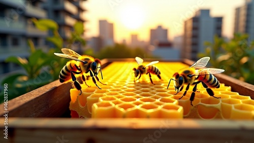 urban rooftop bees, ai hive, golden honeycomb