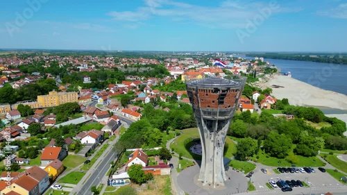 Vukovar Water Tower, a powerful symbol of Croatian resilience and courage, captured from the air. This iconic structure stands tall as a reminder of the city's heroic past