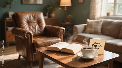 A cozy father's day scene with a book, a coffee cup with steam, and a 'happy father's day' card on a wooden table with a brown leather chair in the background 8K photo