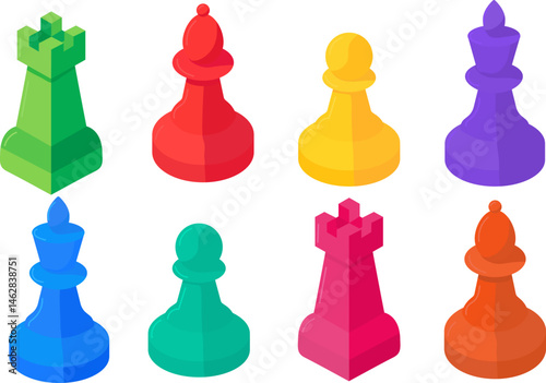 colorful bold vector chess pieces set – vibrant clashing colors style for chess day, tournament, kids game, web design, backgrounds, prints and decorations