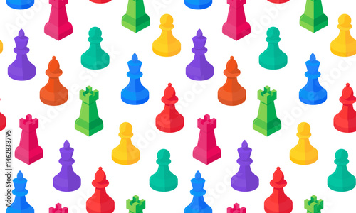 colorful isometric chess pieces seamless bright pattern white background, web design textile fun strategy game texture