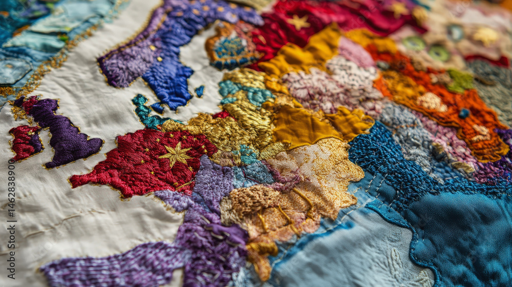 Obraz premium A detailed miniature or satellite-style view of the continent of Europe with a tilt-shift effect. Green landmasses with textured mountains contrast with deep blue oceans. The shallow depth of field 
