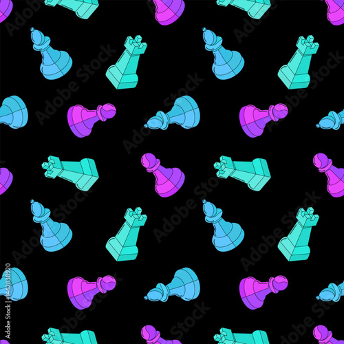 trendy modern seamless vector pattern for web design and textile, chess day competition with colorful isometric pieces on black background