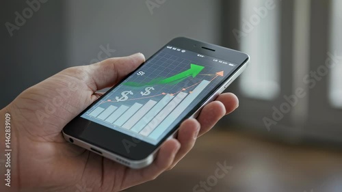 Wallpaper Mural Hand holding smartphone with financial chart, graphs and a rising green arrow. Investment analyzing business data and market growth by mobile app concept. Torontodigital.ca