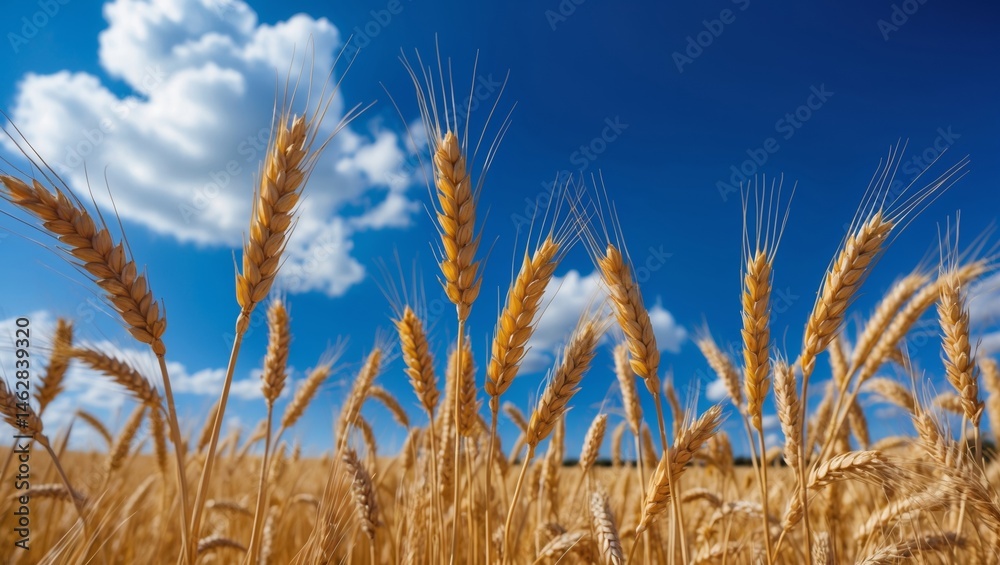 Fototapeta premium Vibrant golden wheat field under a bright blue sky with fluffy clouds in a rural landscape