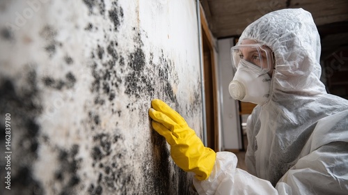 Mold Inspection Specialist Examining Black Mold Growth on Wall Surface Home Inspection Environmental Hazard Remediation Safety Precautions  